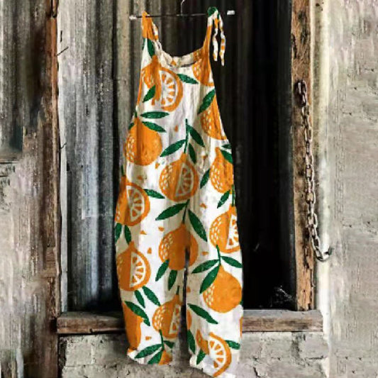 Ladies Casual Printed Cotton Linen Jumpsuit