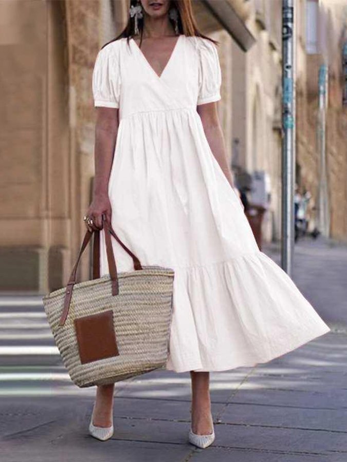 Women's Casual Solid Color V-Neck Large Swing Skirt