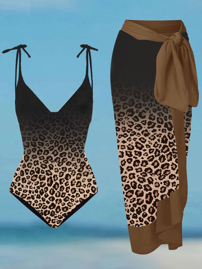 Leopard Gradient Print Swimsuit Set