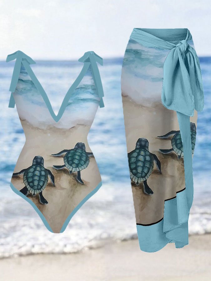 V-Neck Turtle Print One-Piece Swimsuit