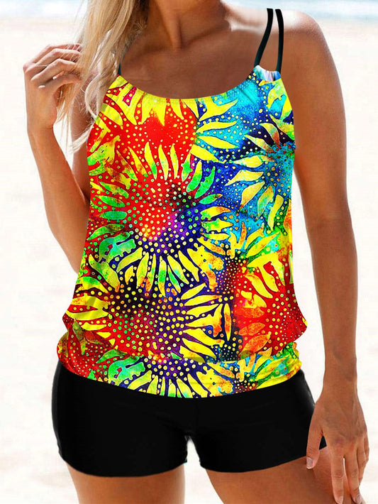 Multi Color Sunflower And Tie Dye Print Tankini Set