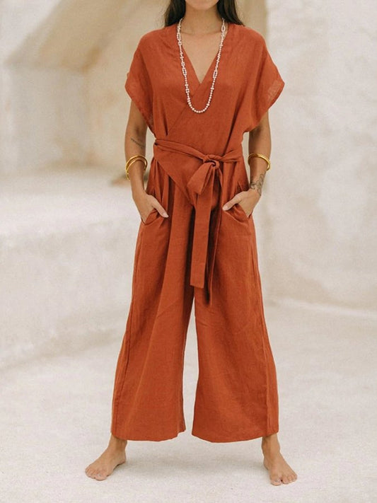 Vintage V-Neck Cross-Tie Casual Jumpsuit