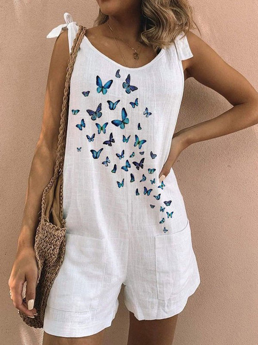 Women's cotton linen butterfly print sleeveless jumpsuit