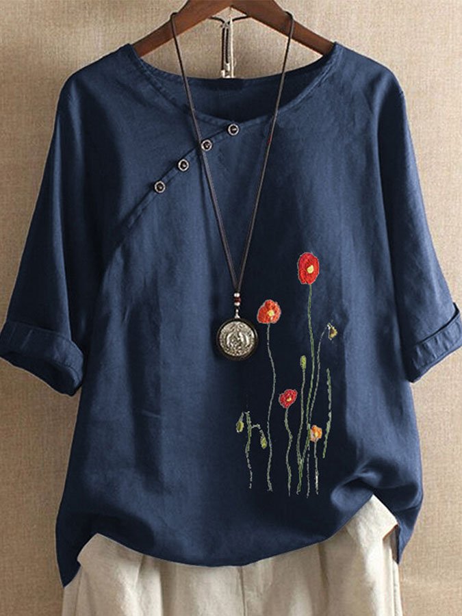 Twist-Button Vintage Print Top