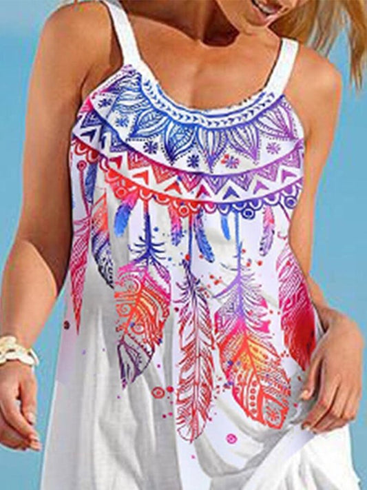 Feather Print Resort Strap Beach Dress