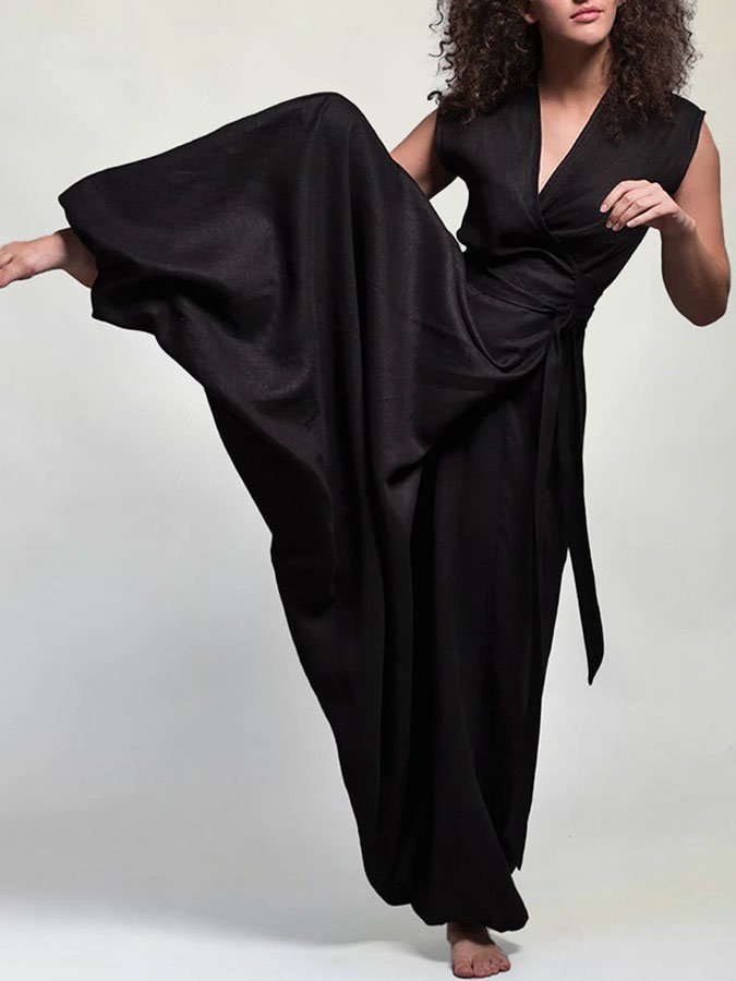 V-Neck Crossover Loose Cotton And Linen Jumpsuit