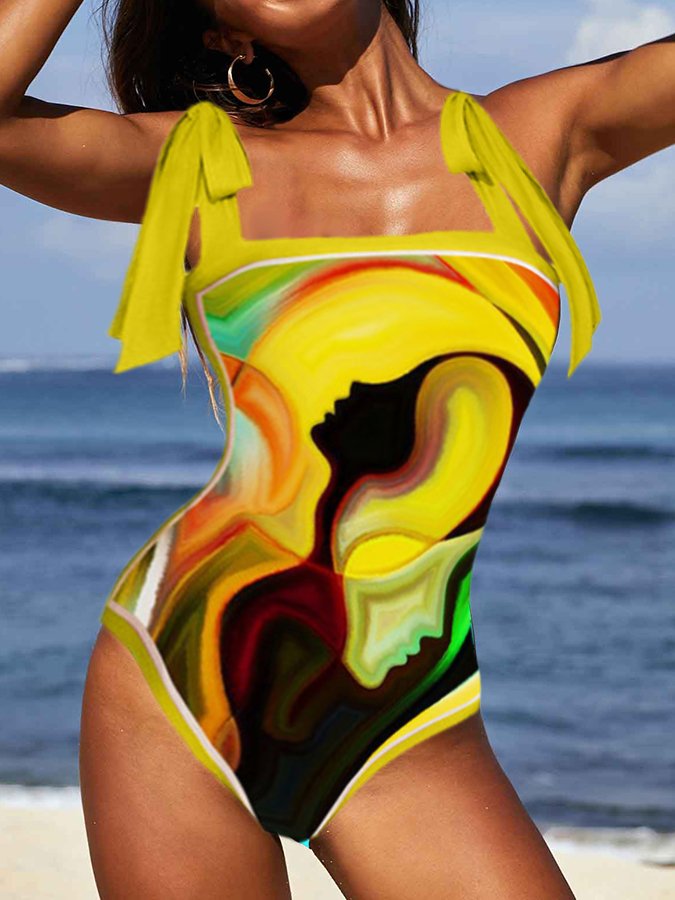 Fashion Vintage Abstract Print One Piece Swimsuit Set