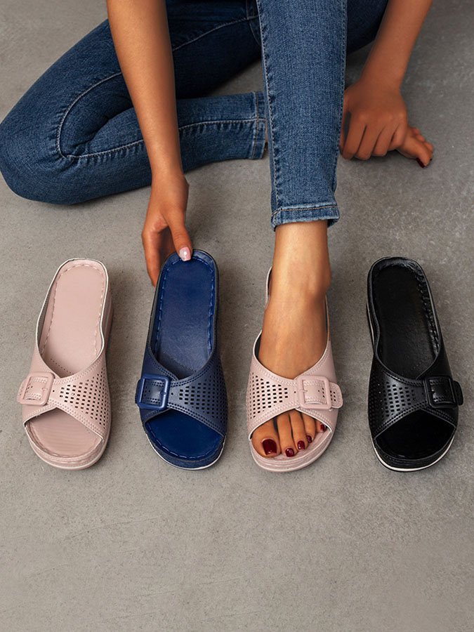 Casual Belt Buckle Fish Mouth Slippers