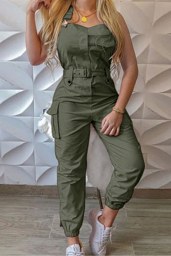 Pocket Buckle Design Cargo Suspender Jumpsuit