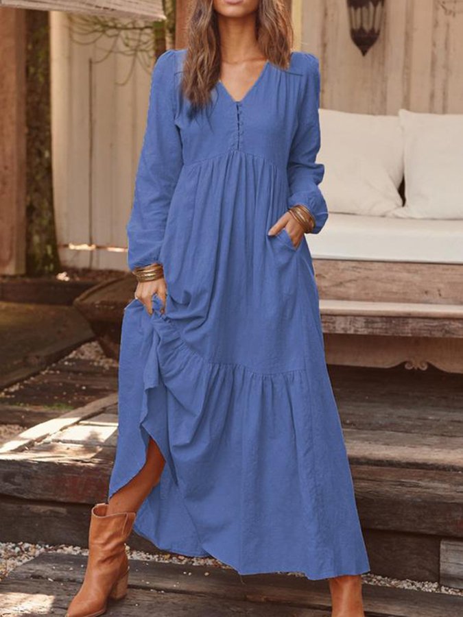 Women's Vintage Cotton Linen Long Sleeve Dress