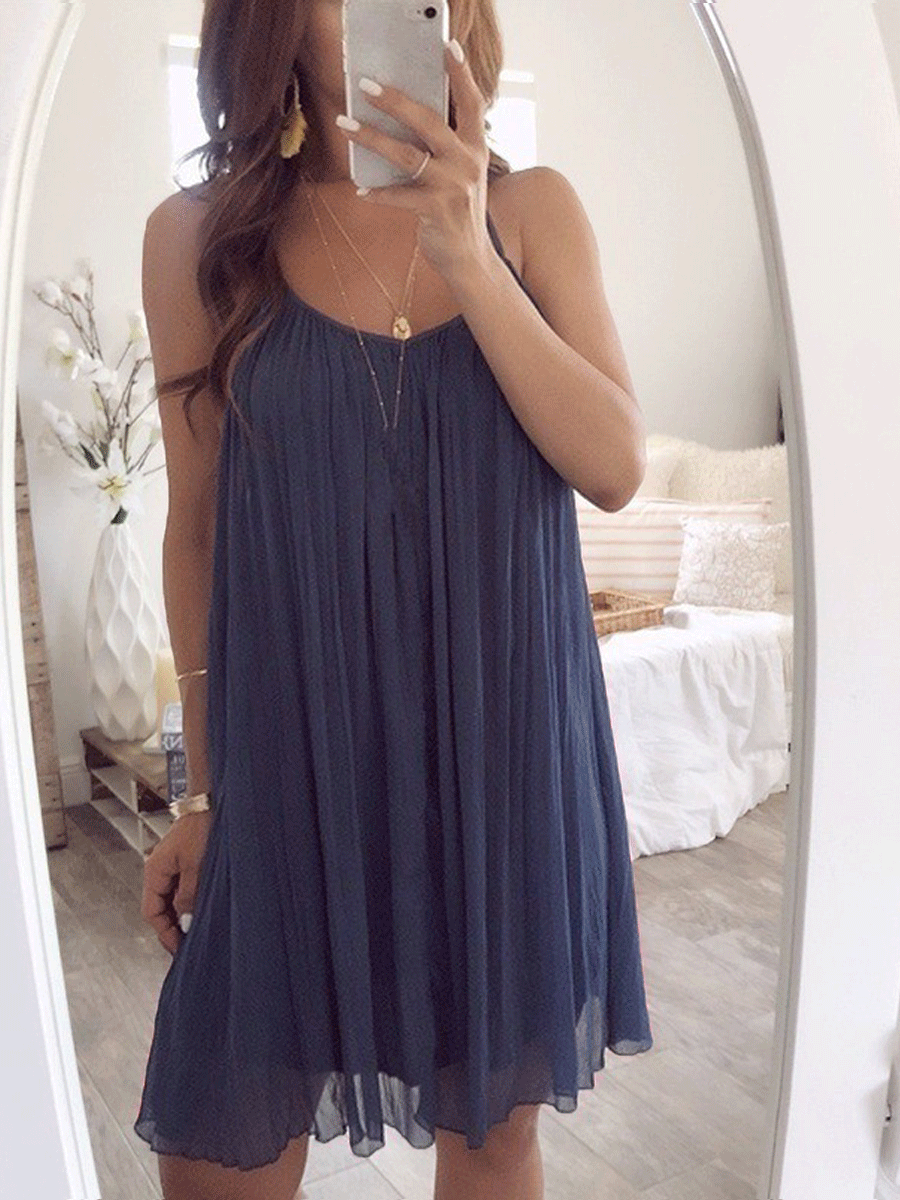 Solid Color Pleated Hem Chiffon Dress