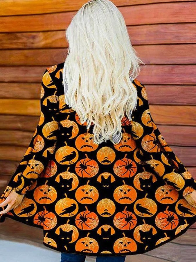 Women's Autumn Halloween Cat Pumpkin Print Long Sleeve Jacket