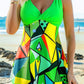 Geometric Print Cross Front Wide Strap Swimdress And Shorts