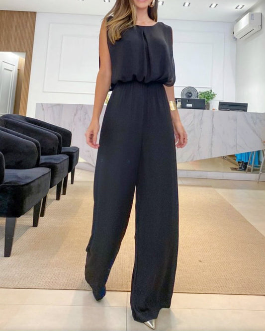 Sleeveless waist solid color jumpsuit