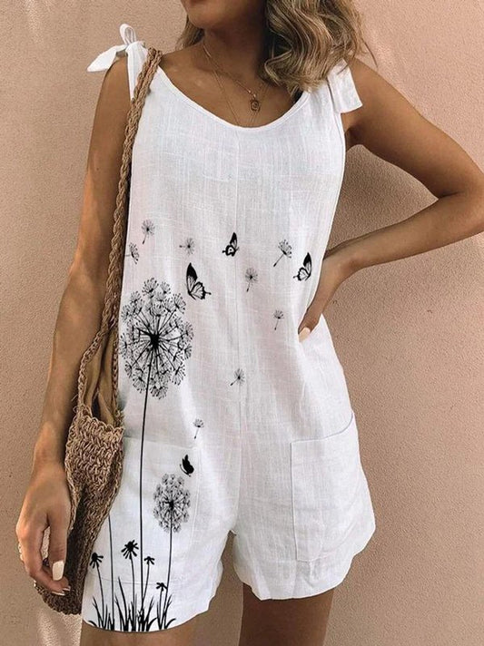 Women's cotton linen butterfly print sleeveless jumpsuit