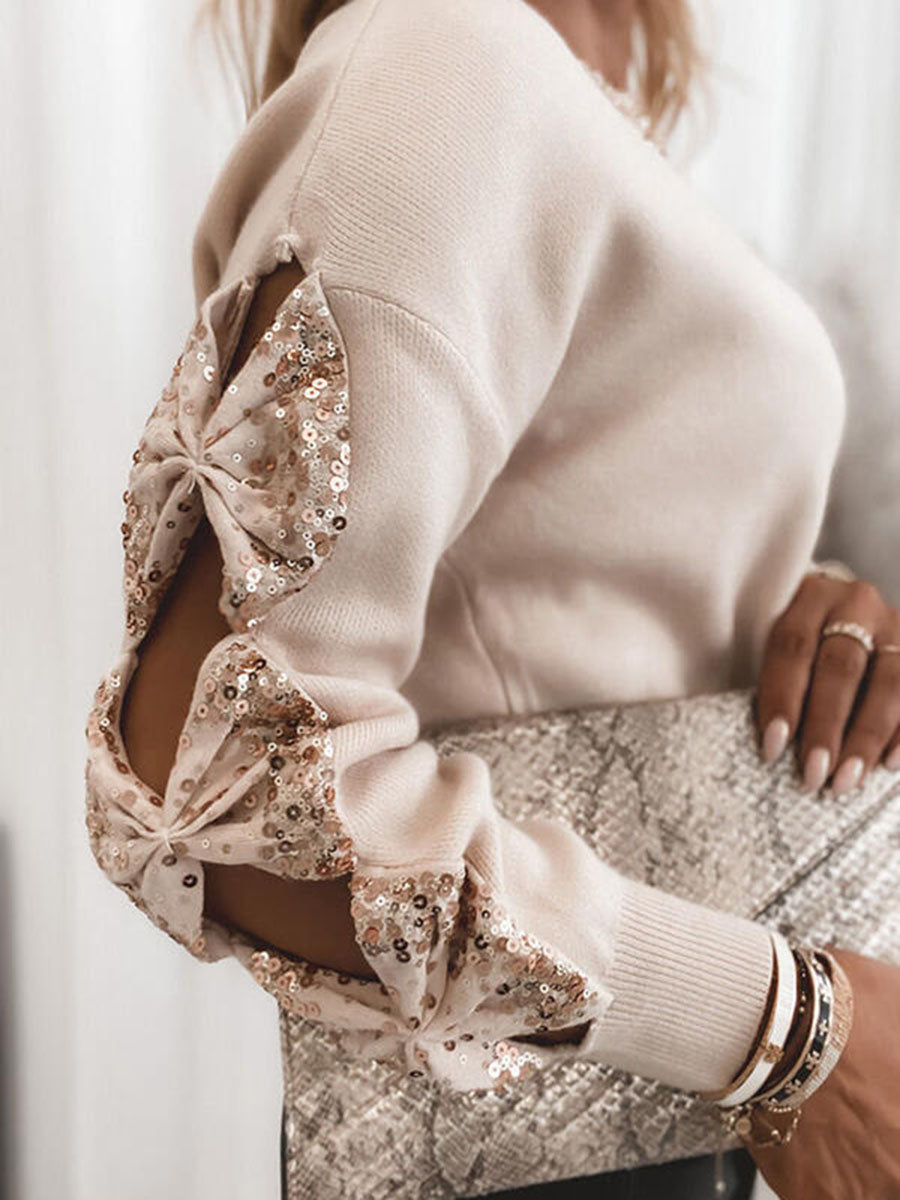 Sequin Bowknot Cut-out Long Sleeve Sweater