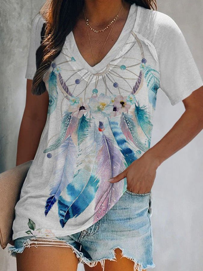 Dream Catcher Ethnic Print V-Neck T-Shirt