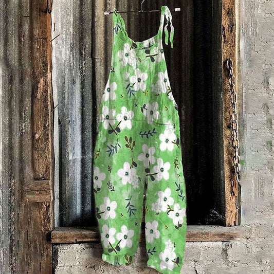 Ladies Casual Daisy Print Cotton Linen Jumpsuit