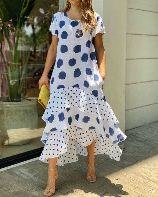 Short Sleeve Round Neck Polka Dot Long Dress