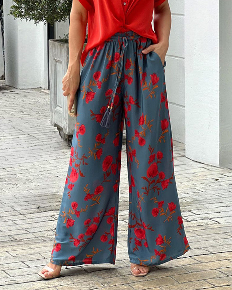 Short Sleeve Button Top Drawstring Print Pants Two Piece Set