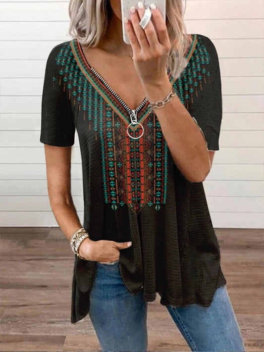 Women's Western Ethnic Print V-neck T-shirt