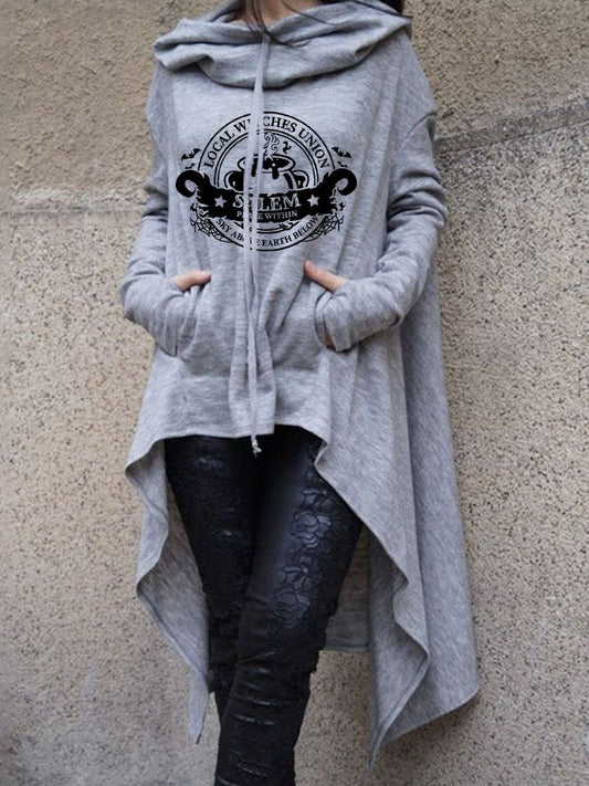 Irregular Fashion Print Long Sleeve Pocket Hooded Sweatshirt