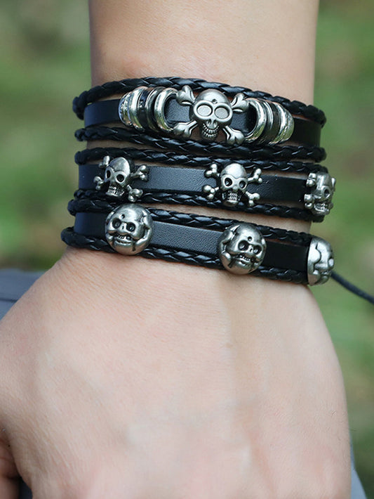 Handmade Beaded Skull Leather Bracelet