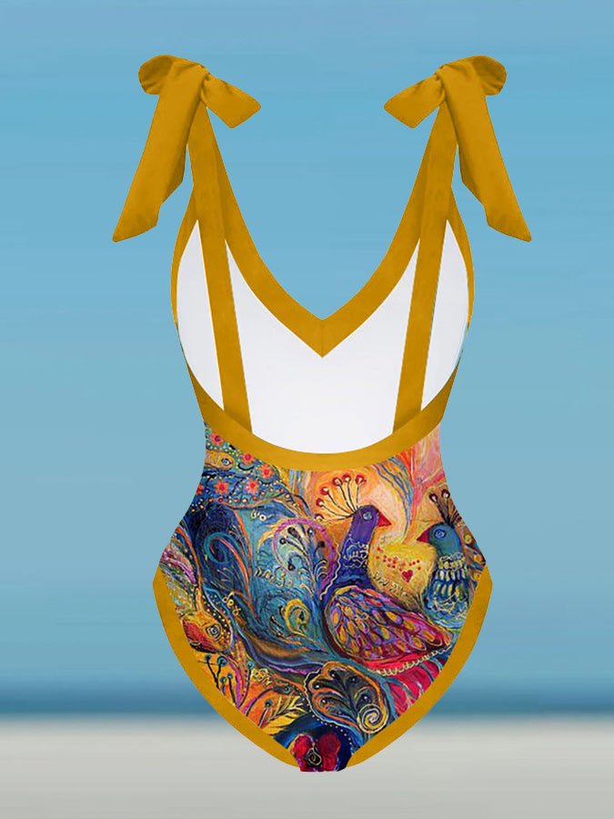 Deep V Vintage Abstract Print One-Piece Swimsuit Set