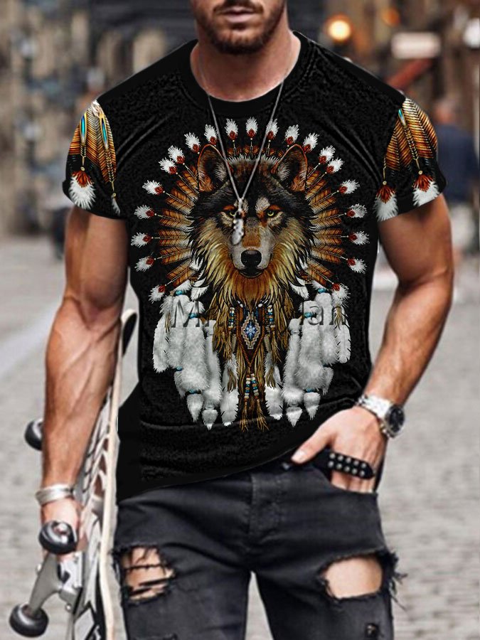 Men's Wolf Western Ethnic Print Crew Neck Short Sleeve T-Shirt