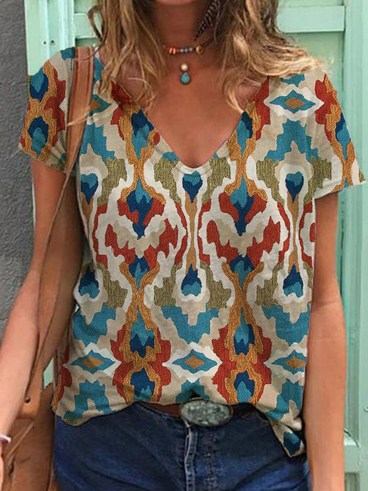 Ethnic Print V-Neck T-Shirt