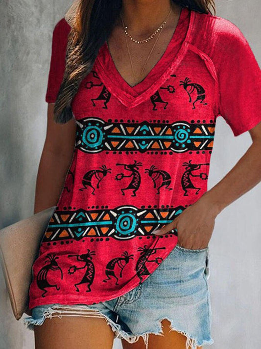 Vintage Geometric Print V-Neck T-Shirt