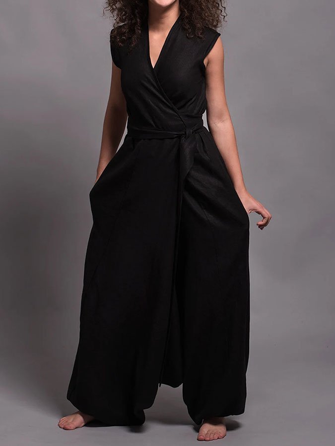 V-Neck Crossover Loose Cotton And Linen Jumpsuit