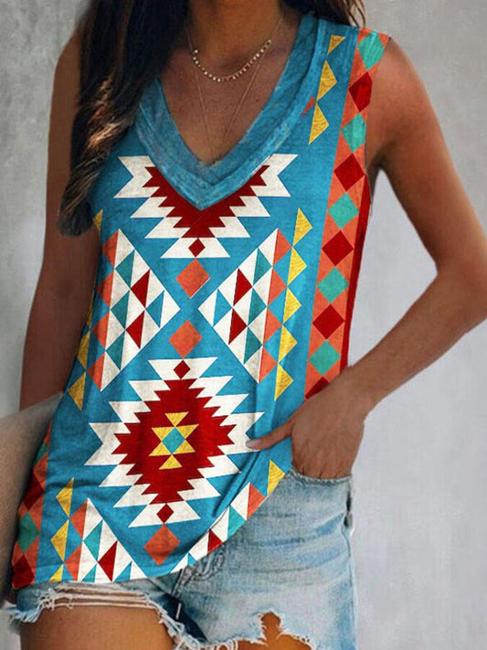 Vintage Geometric Print V-Neck T-Shirt