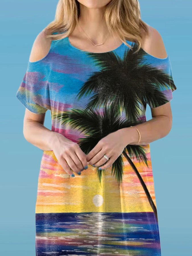 Off-Shoulder Crew Neck Printed Resort Dress