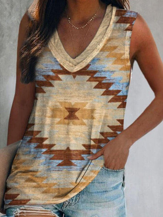 Vintage Geometric Print V-Neck T-Shirt