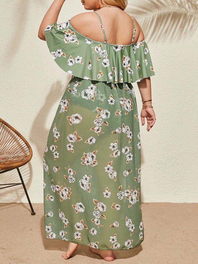Elegant and elegant large three-piece bikini printed split gauze skirt, one-shoulder high waist pants swimsuit