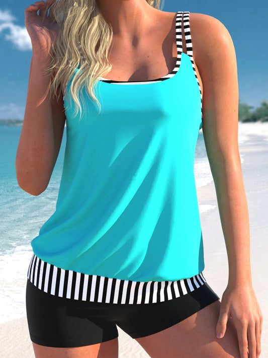 Cyan Striped Double Straps Tankini Set