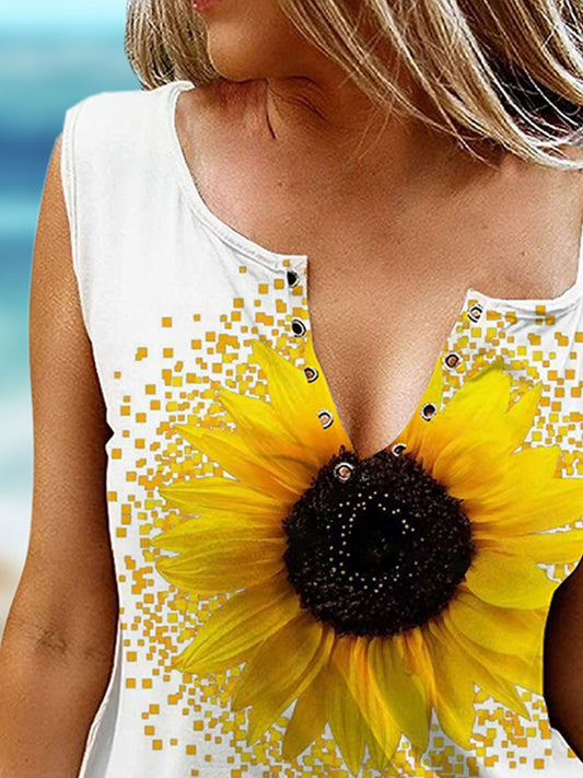 Sunflower Print V-Neck Tank Top