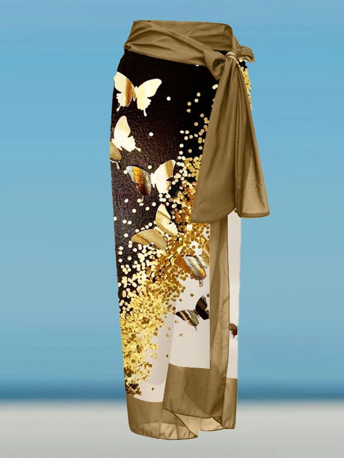 V-Neck Colorblock Butterfly Print One-Piece Swimsuit Set