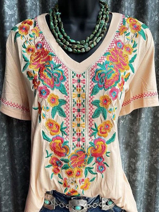 V-Neck Ethnic Floral Print T-Shirt