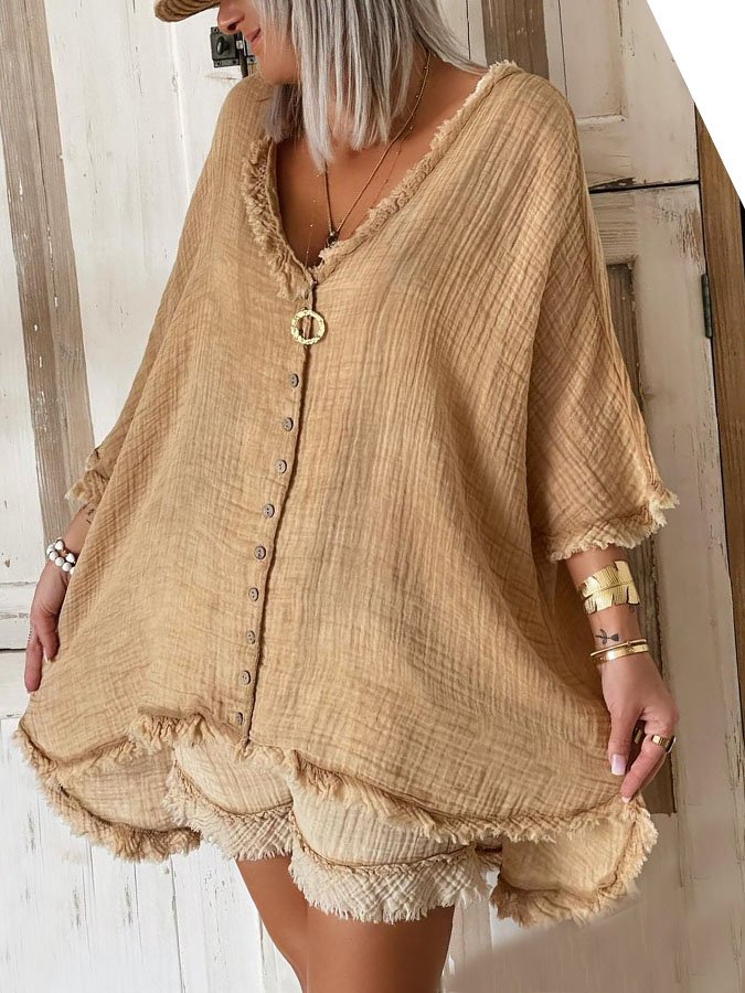 Solid Color Casual Cotton And Linen Two-Piece Suit