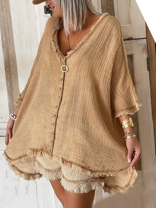 Solid Color Casual Cotton And Linen Two-Piece Suit