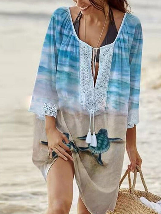 Women's Beach Turtle Print Long Shirt