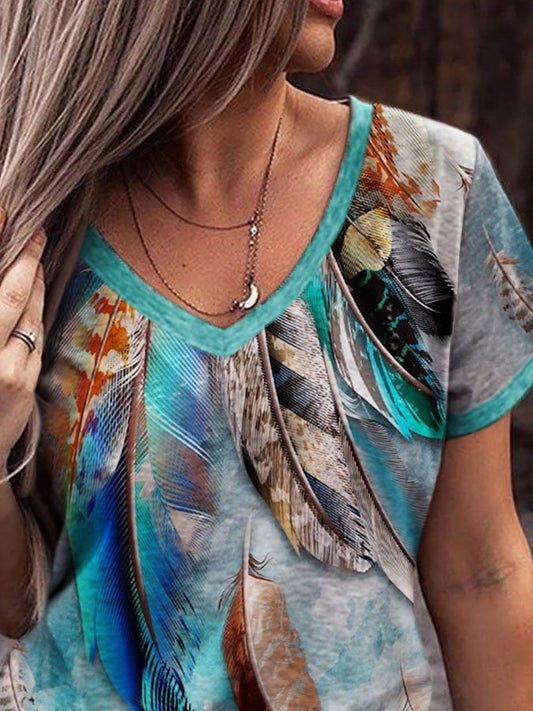 Vintage Feather Print Casual T-Shirt