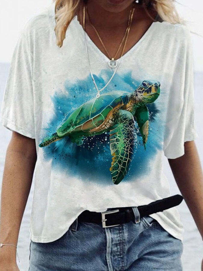 V-Neck Turtle Print T-Shirt