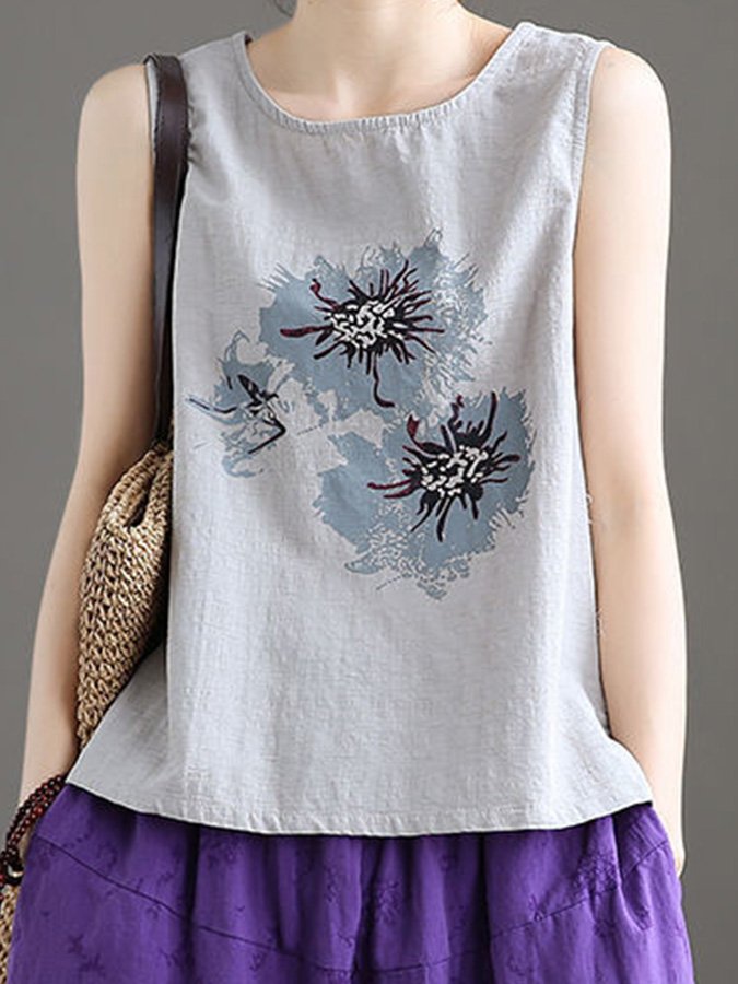 Ladies Cotton Linen Print Sleeveless Top
