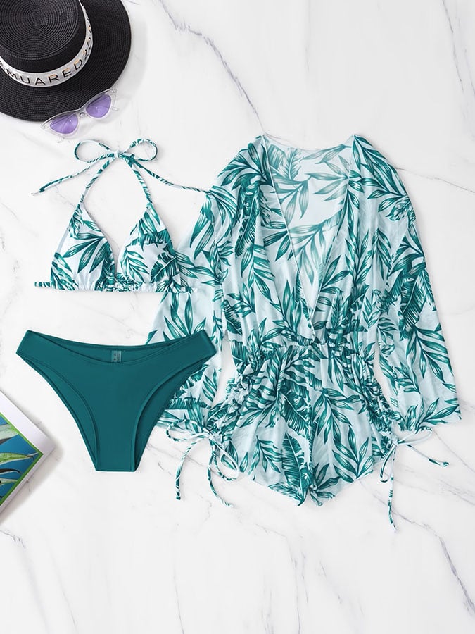 Three-piece bikini leaf print waist lace up long-sleeved beach sunscreen swimsuit