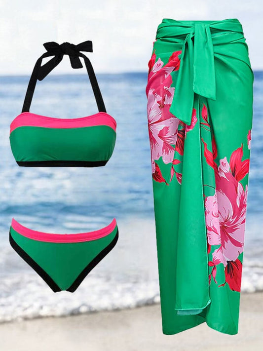 Fashion Colorblock Print Bikini and Cover Up