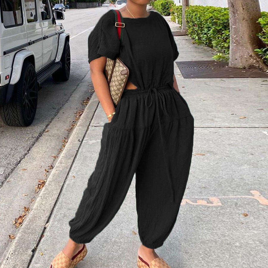 Solid Color Cotton Linen Tight Cotton Wide Leg Jumpsuit