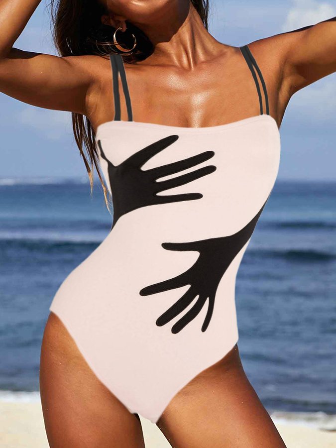 Fashion Colorblock Abstract Print One Piece Swimsuit Set